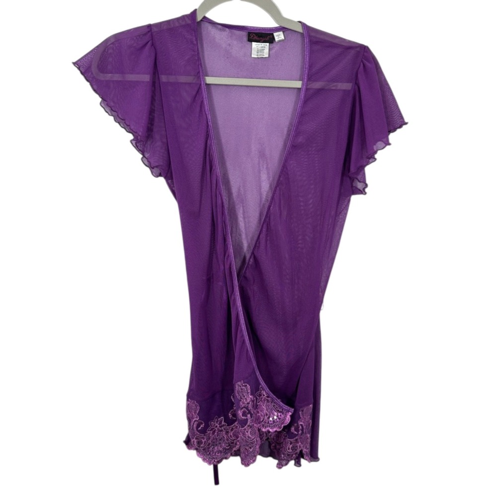 Vintage Dreamgirl Purple Sheer Mesh Wrap Robe Sequin Lace Trim Flutter Sleeve